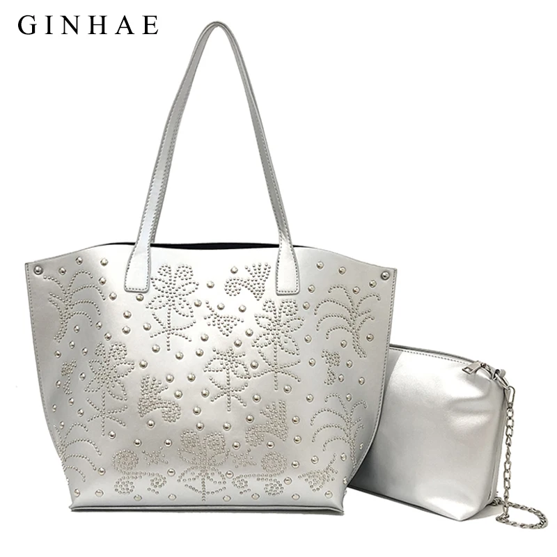 

2Pcs Women Set Bag Fashion Black/Silver Tote Bag Ladies Large Capacity Shoulder Bag Chain Crossbody Bags Rivet Bolsos Mujer 2018