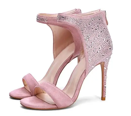 

Summer new women pink open toe high heel sandals Fashion crystal zipper thin heel sandals Ladies elegant pink sandal Dress shoes