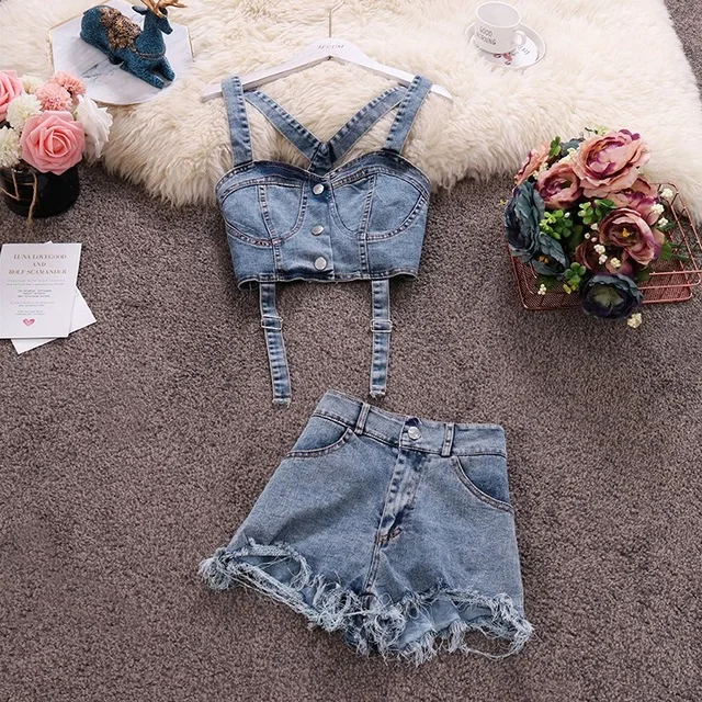 

Women Summer Single Breasted Sling Tops+Irregular Hole Denim Shorts 2 PCS Sets Tank+Short Jeans Suits