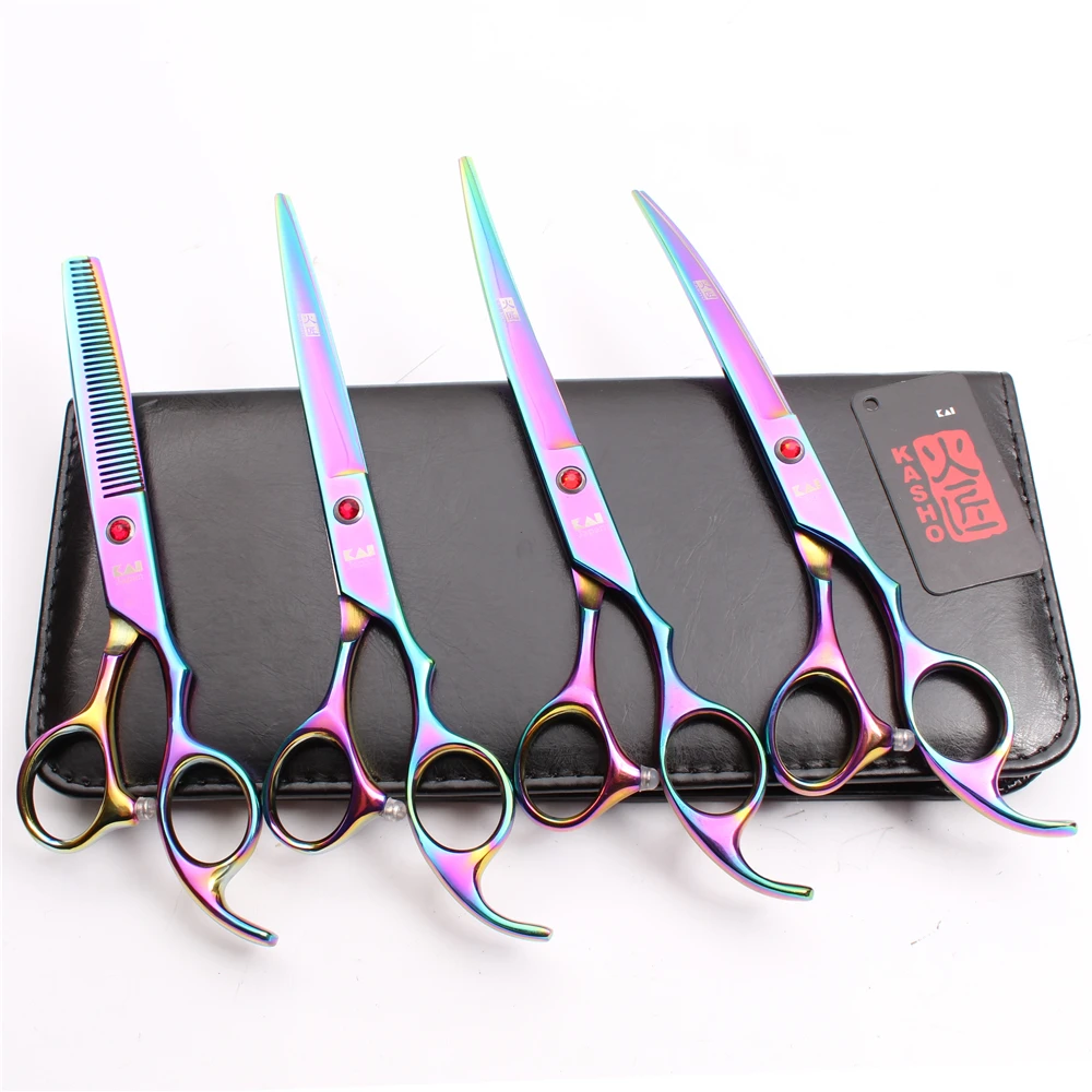 

H3003 4Pcs 7" 19.5cm Kasho 440C Grooming-for-dog Cutting+Thinning Scissors+Up&Down Curved Shears Professional Pets Hair Scissors