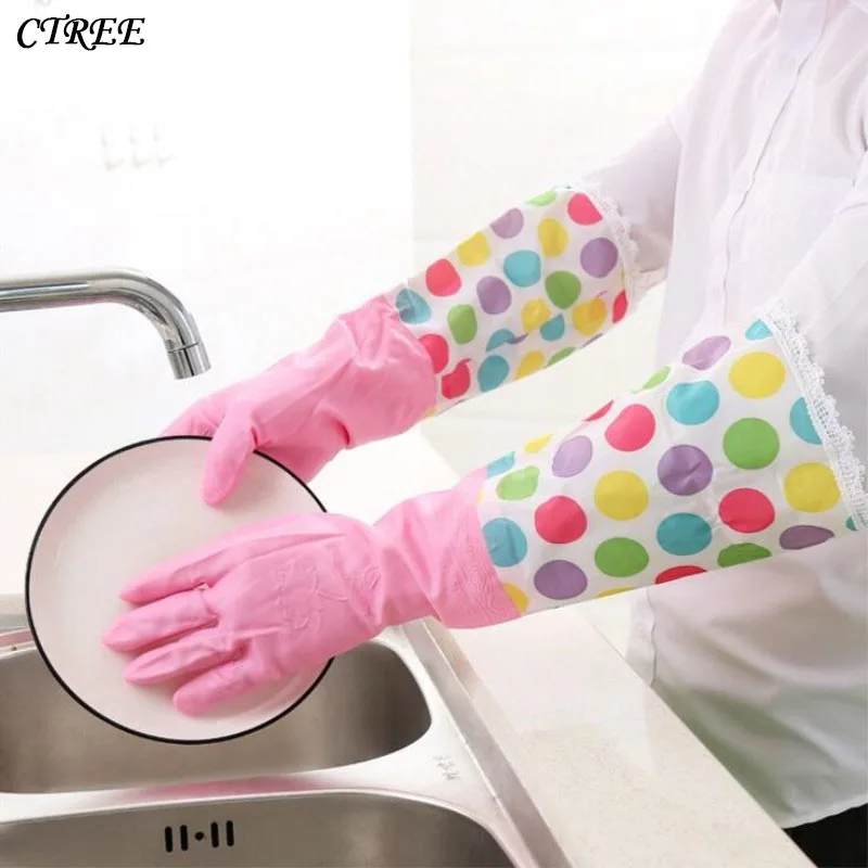 

CTREE New Sleeves Gloves Kitchen Cleaning Latex Long Household Warm Durable Waterproof Dishwashing Glove Dust Stop Cleaning C745