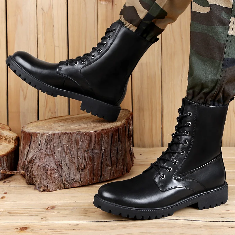 

High Ankle Shoes Men Black Military Leather Boots Plus Size 38-46 Military Tactical Boots Men Genuine Leather Military Sneakers