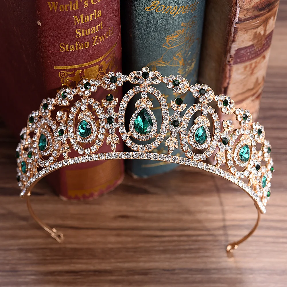 

Baroque Vintage Gold Green Red Blue Crystal Bridal Tiaras Crown Rhinestone Pageant Diadem Hair Ornament Wedding Hair Accessories