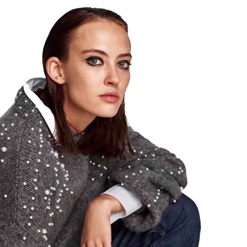 Winter Women Pullover Sweaters Grey Elegant Pearls Beading Knitting Pullover Jumper Long Sleeve Autumn Tight Sweater