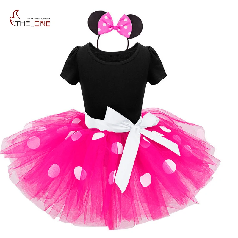 

MUABABY Children Girls Princess Dress Novelty Holiday Mickey Headwear Cotton Tops Bow Mesh Dot Pattern Knee-Length Ball Gown