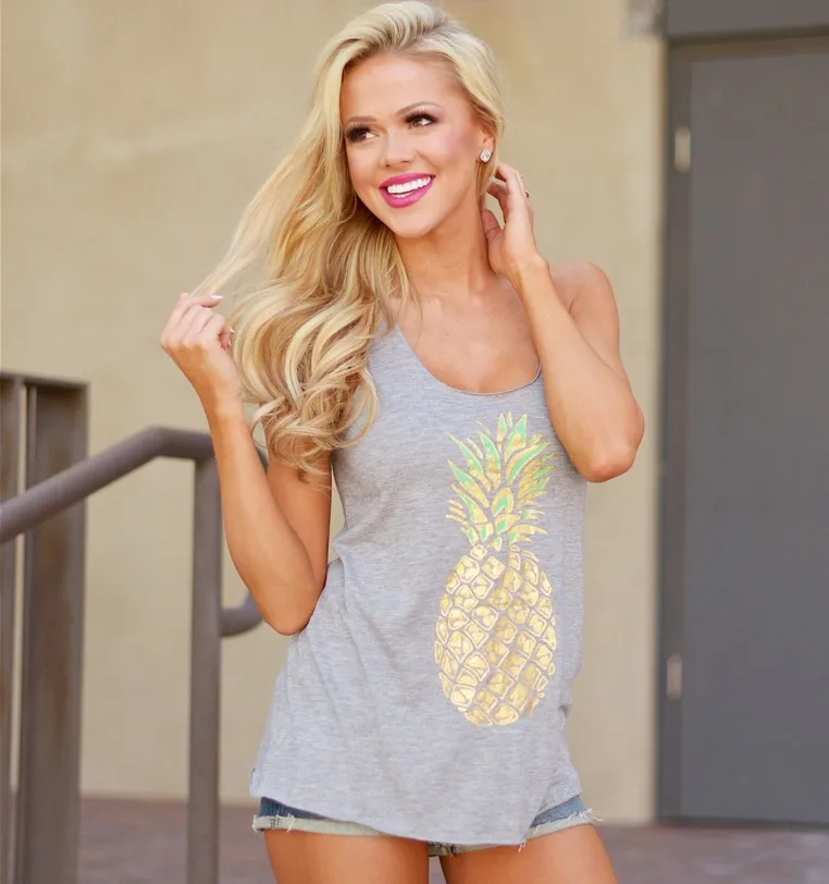 Print pineapple Tank Tops Casual Cotton soft Tees O-neck Sleeveless Loose Black Gray Tank Top Plus Size women T shirt Tops