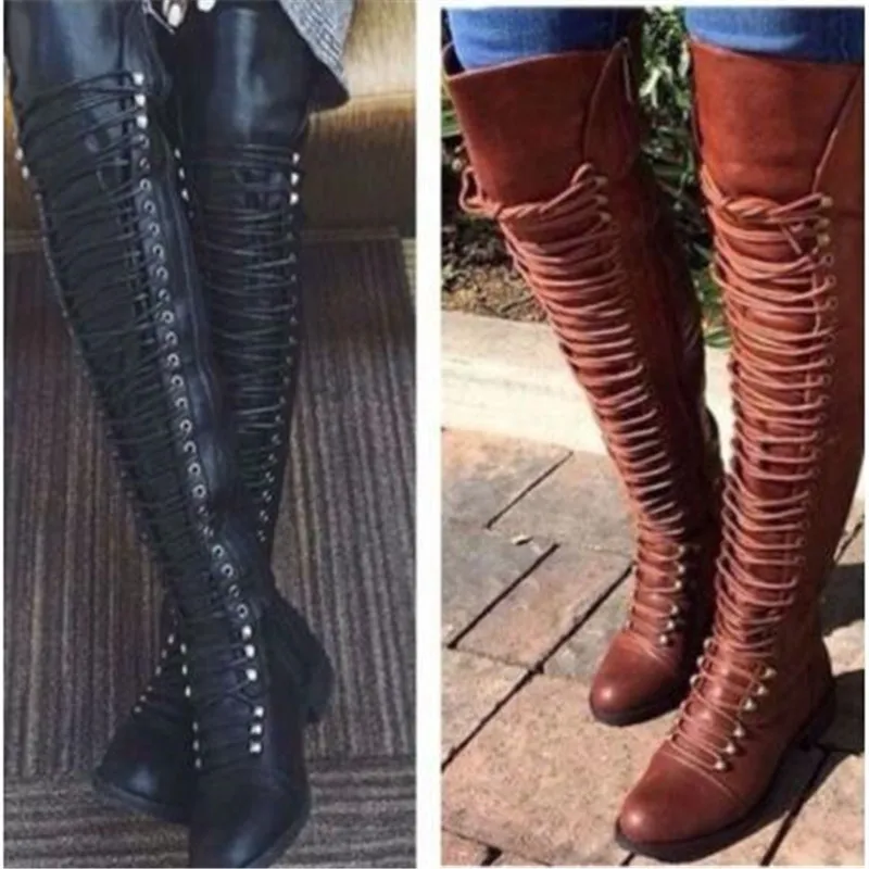 

XingDeng Ladies Sexy Bandage Riding Flat Heels Western Boots European Over The Knee Long Lace Up Long Motorcycle Boots Shoes