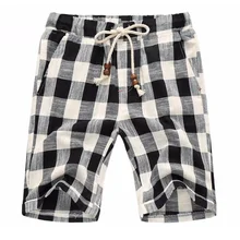 Клетчатые Летние повседневные шорты, мужские льняные шорты с завязками, пляжные модные бриджи Бермуды, хлопковые свободные мужские брюки, комбинезон