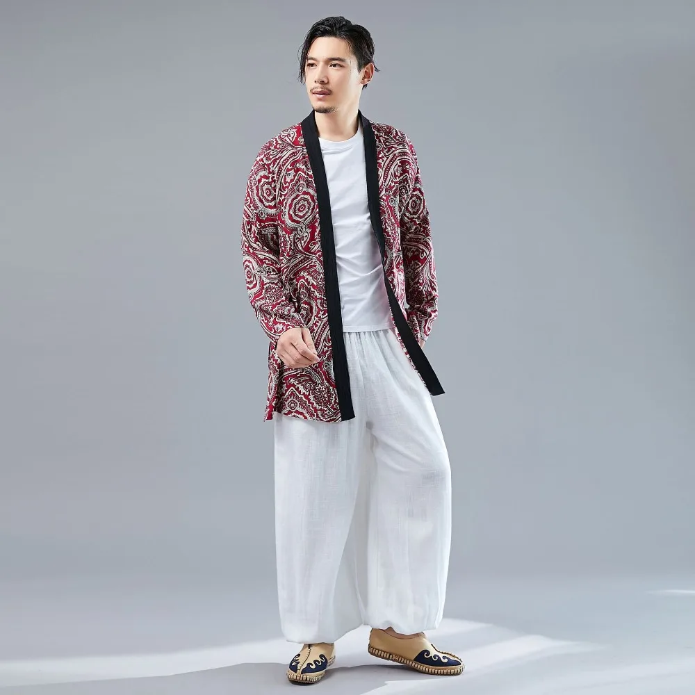 LZJN Long Sleeve Shirt Mens Summer Kimono Cardigan Casual Cotton Hanfu Contrast Color Blouse Male Open Front Trenchcoat (11)