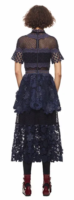Self Portrait top style 3D, flowers, deep blue, embroidered lace, long, body, and applique dress