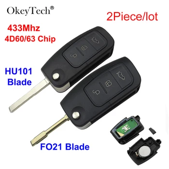 

OkeyTech 2 Piece 433Mhz 4D60/63 Chip 3 Button Flip Remote Car Key For Ford Focus Fiesta C-Max S-Max Ka Mondeo Galaxy Uncut Blade
