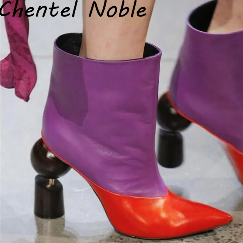 

Autumn Winter Shoes Strange Heel Ankle Boots Women Pointed Toe Slip On Dress Boots Short Leather Chunky Runway Boots