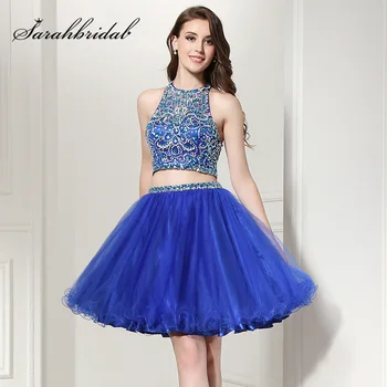 

2020 Summer Short Shining 2 Piece Homecoming Dresses Cocktail Luxury Crystal Beaded Haler Neck Puffy Sexy Prom Party Gown OL206