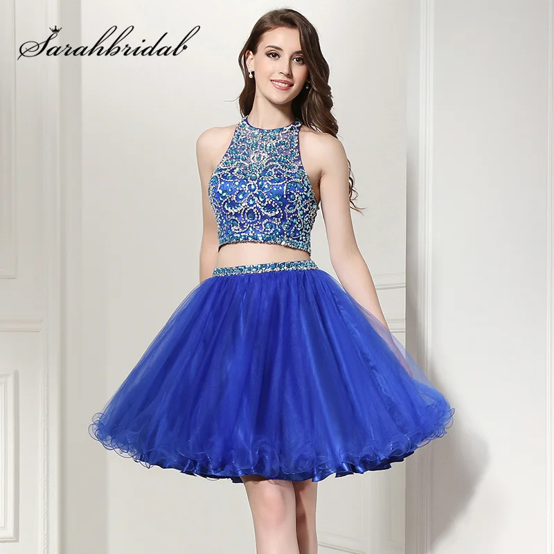 

Summer Short Shining 2 Piece Homecoming Dresses Cocktail Gown Luxury Crystal Beaded Haler Neck Puffy Sexy Prom Party Dress OL206