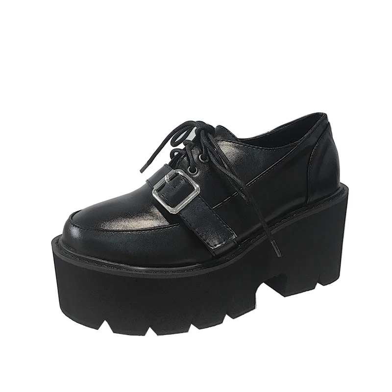 Womens Punk Lace Up Buckle Strap Platform Wedge Heels Gothic Fashion Pumps Belt Buckle Black A287