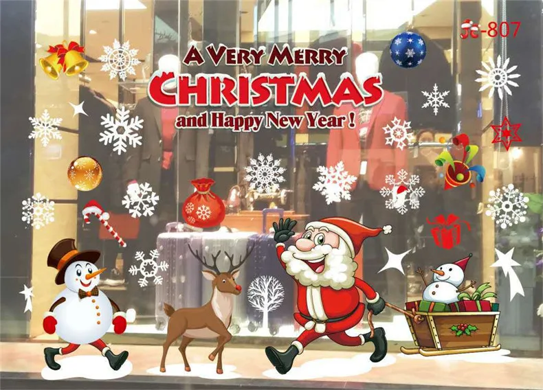 Мультяшные рождественские наклейки для витрины, съемные Санта Клаус Снеговик, домашний декор, наклейка, клей, ПВХ, на год, стеклянная Фреска