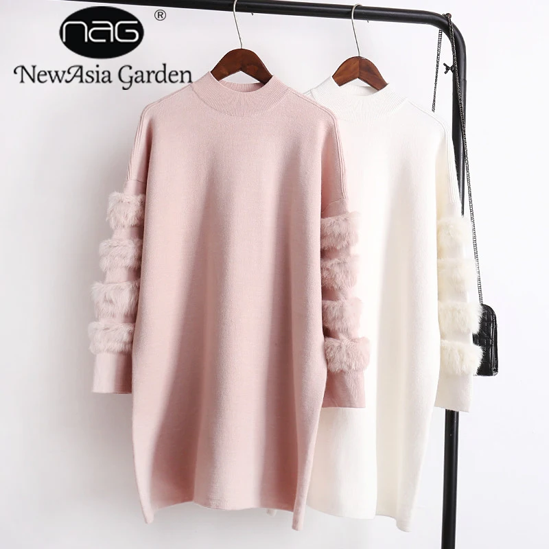 

NewAsia Garden real rabbit fur autumn winter warm korean turtleneck pull long sleeve women jumpers sweaters pullovers femme 2018