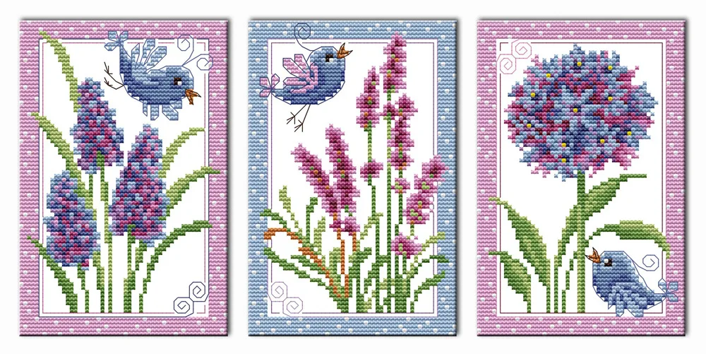 

Flowers and Birds (Triptych)Printed Canvas DMC Counted Cross Stitch Kits printed Cross-stitch set Embroidery Needlework