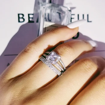 

classic fashion 925 sterling silver cushion CZ cubic zirconia wedding ring set for women bride Engagement Jewelry Bands R4829