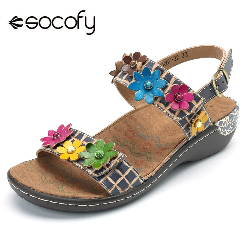 

Socofy Genuine Leather Shoes Woman Bohemian Sandals Vintage Flower Hook&Loop Slingback Sandals Summer Beach Casual Women Shoes