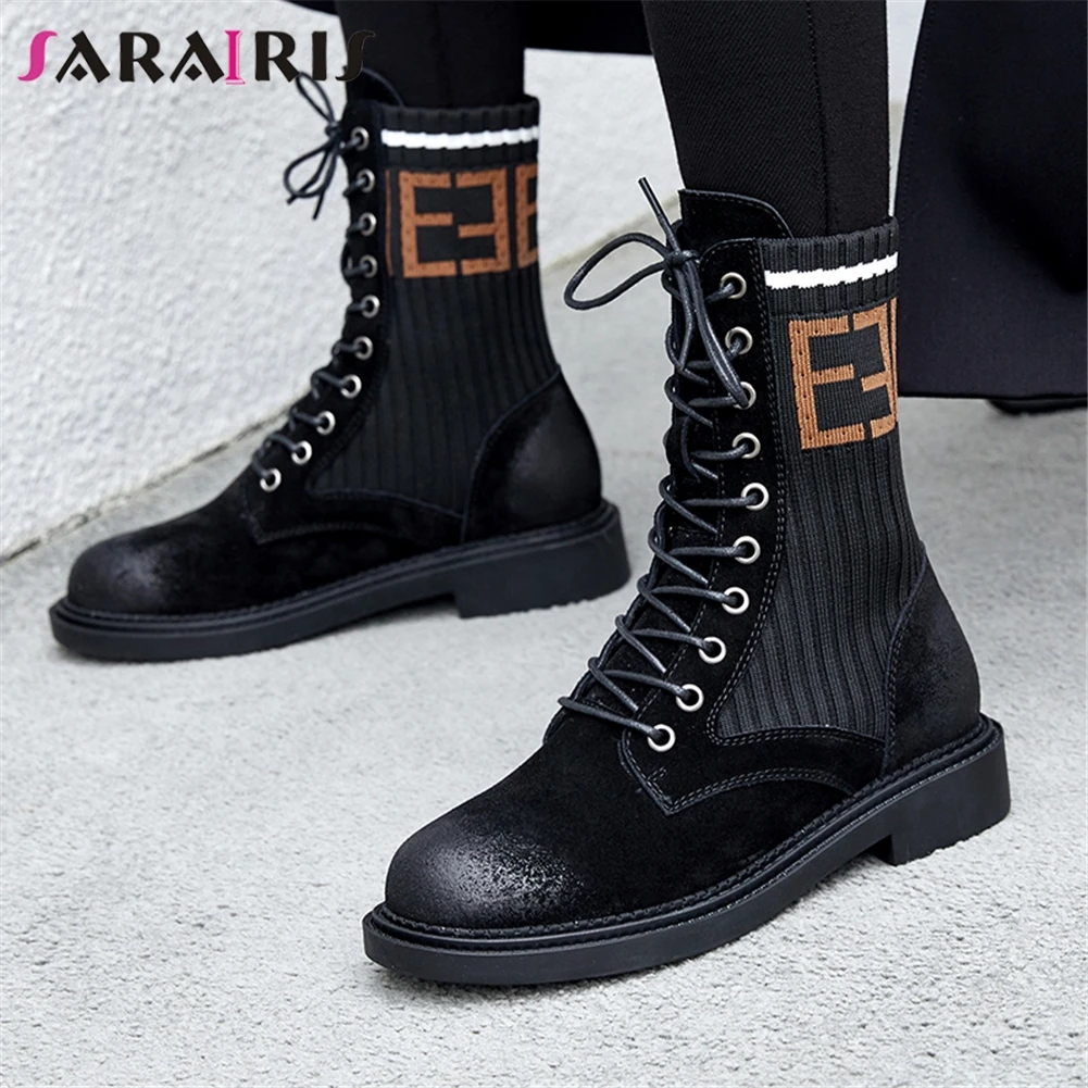

SARAIRIS New Fashion women's Cow Suede Lace Up Round Toe Shoes Woman Casual Party Office Retro Winter Spring Ankle Boots Black