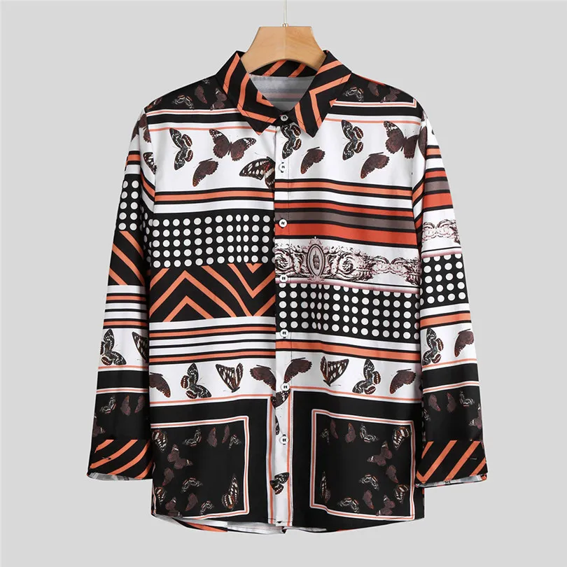 New Men Casual Vintage Print Shirts 2019 Fashion Long Sleeve Polka Dot Striped Print Vintage Fashion Casual Shirt #E23 (7)