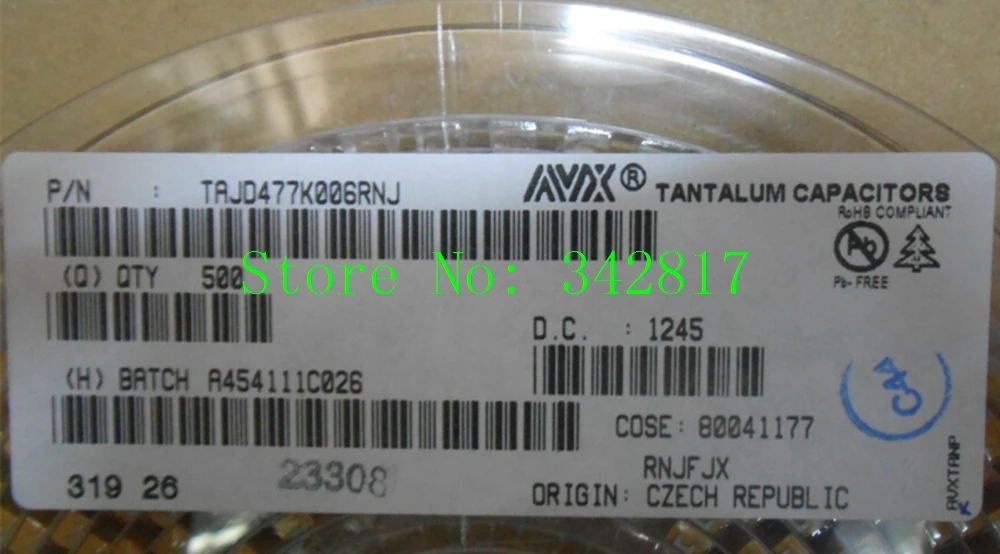 TAJD477K006RNJ крышка танта 470 мкФ 6 3 V 10% 2917 Танталовые Конденсаторы размером D 50 шт |