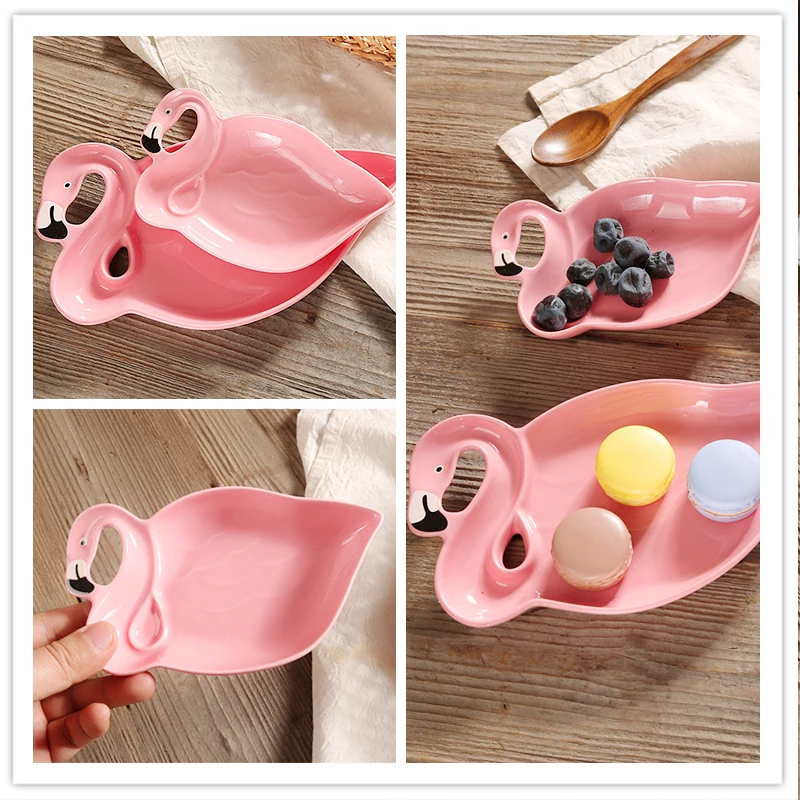 1PCS 플라밍고 장식 핑크 3D 세라믹 접시 간식 말린 과일 접시 과일 그릇 디저트 요리 뼈 중국 식탁