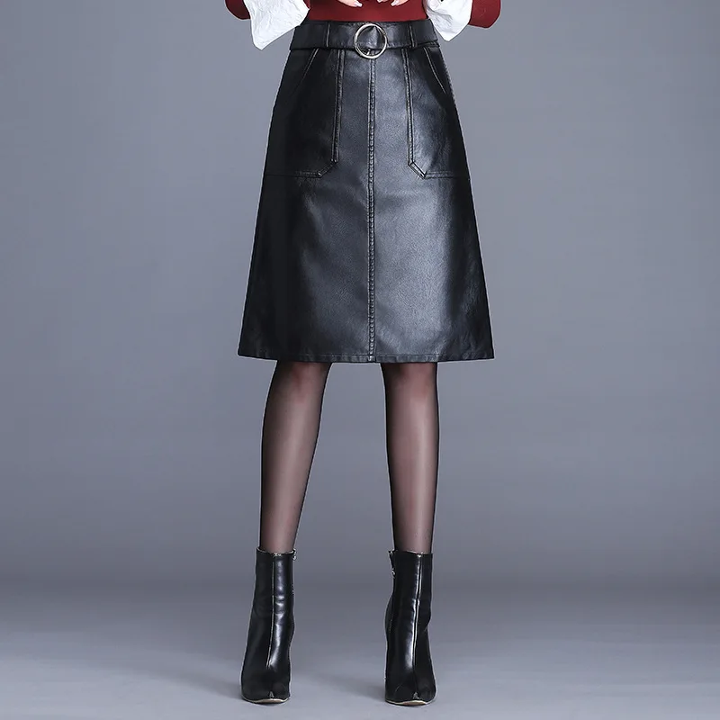 

Woman PU Leather Midi Skirt Korean Edition Autumn Winter Solid Black High Waist A Line Skirt Elegant Office Lady Skirt Plus Size