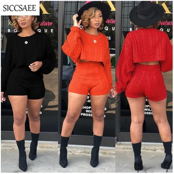 

2018 Fall Solid Knitted Two Piece Set Cropped Crop Top And Shorts Sets Casual Outfits Playsuits For Women Bike Shorts Bodysuit