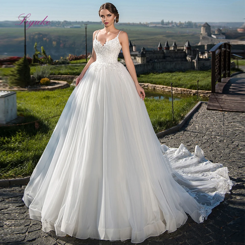 

Liyuke 2019 New Ball Gown Wedding Dress Lace Up Appliques Sequins Spaghetti Straps Bridal Marriage Customized