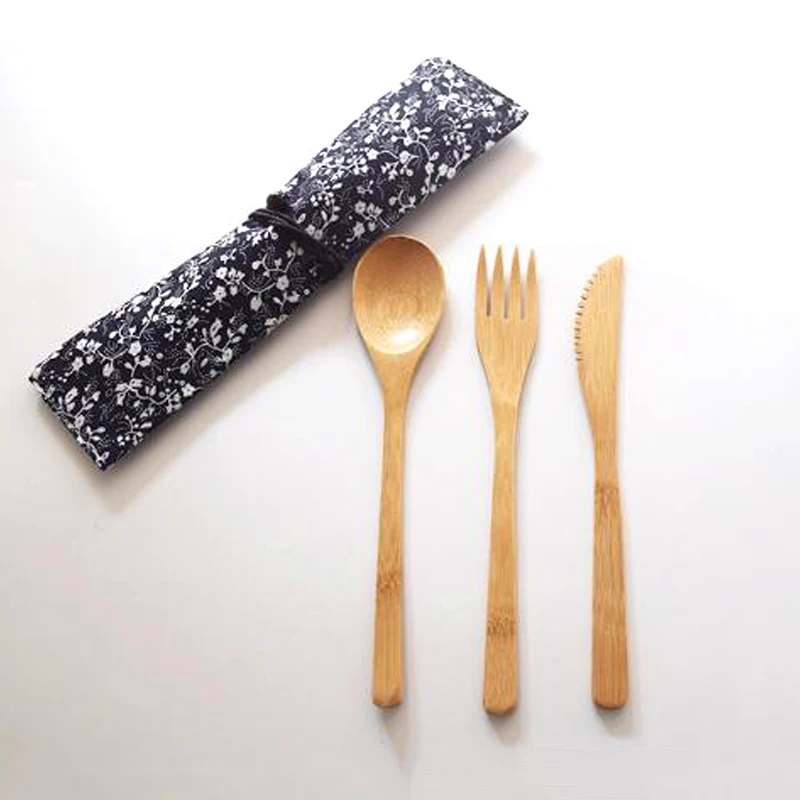 

3Pcs Bamboo Spoon Fork Cutter Set Reusable Bamboo Cutlery Eco Friendly Portable Tableware Kitchen Tools for Travel