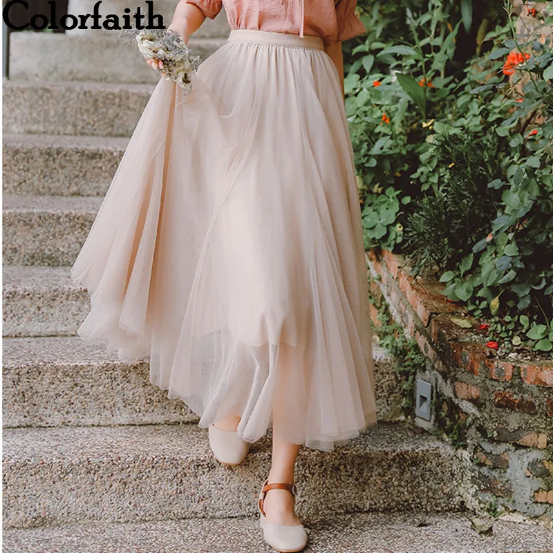 

Colorfaith New 2019 Spring Summer Women Long Mesh Skirt Sweet Pleated Tutu Skirt Flared Ball Gown Fashion High Waist SK3921