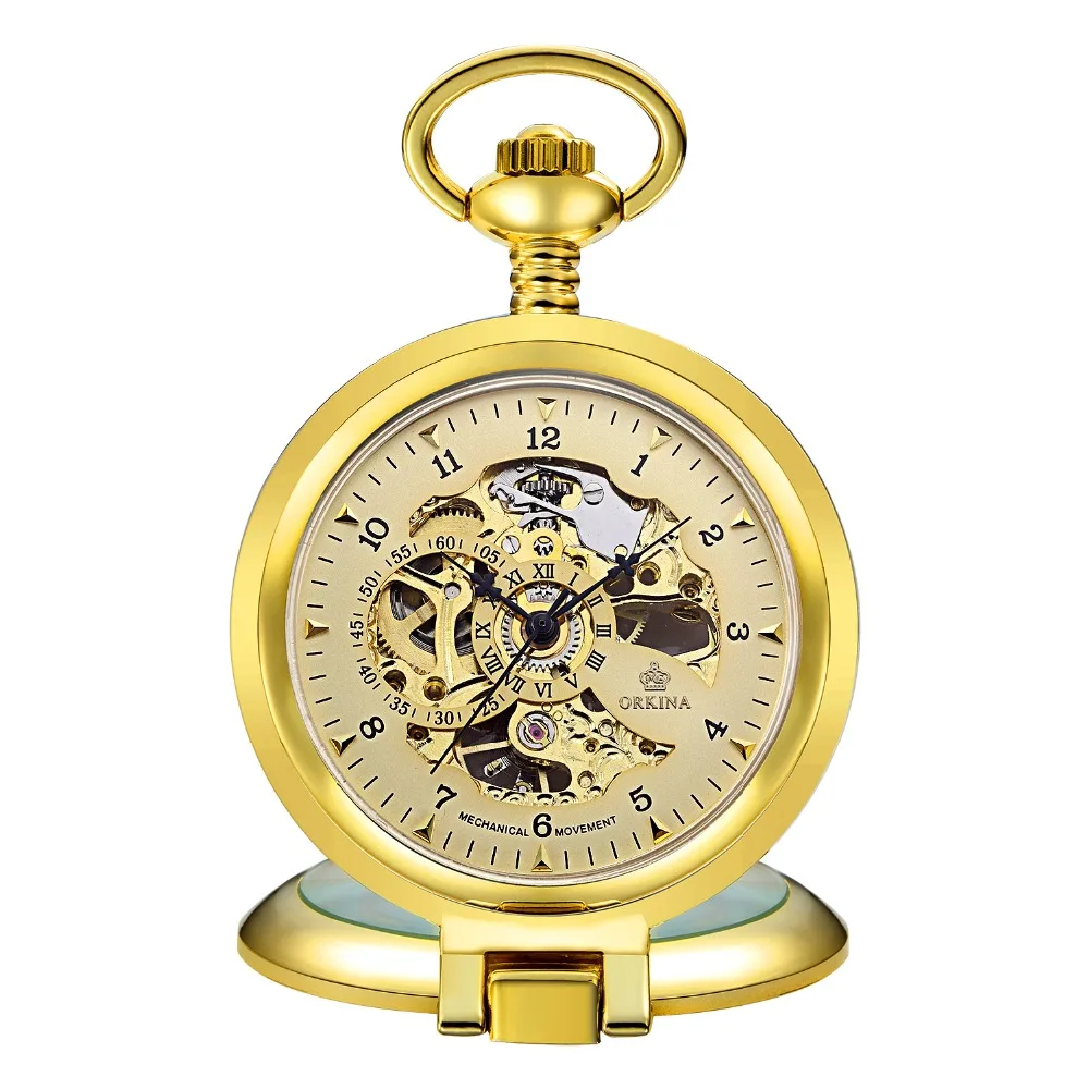 

ORKINA Classic Elegant Hand Winding Vintage Unique Arabic Numerals Round Pendant Hunter Mechanical Jewelry Chain Pocket Watch