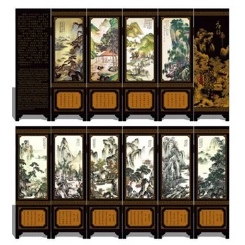 

MINI Folding Screens 6 Joined Panels Decorative Painting Wood Byobu Thangyin Outlined Landscape 3 Sizes