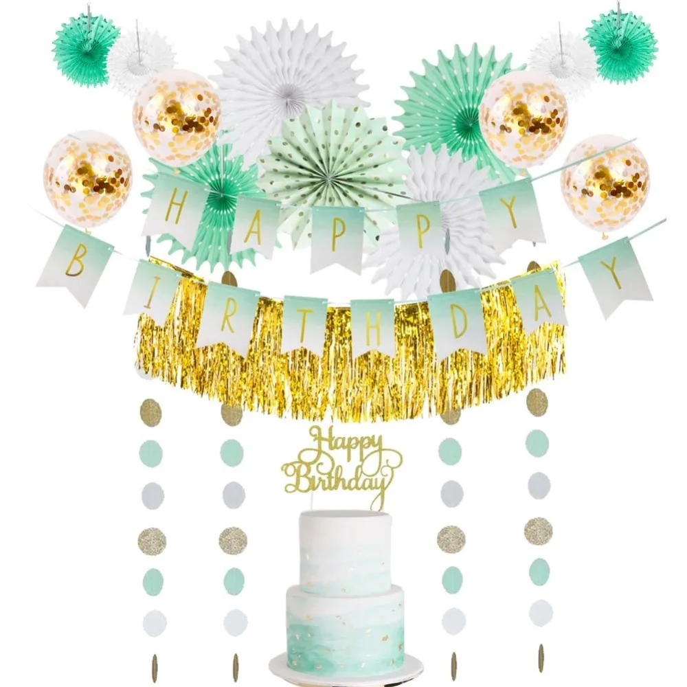 Мятные золотые украшения на день рождения набор бумажные вееры латексные шары торт Топпер точки гирлянда стол юбка декор для вечеринки в честь Дня Рождения
