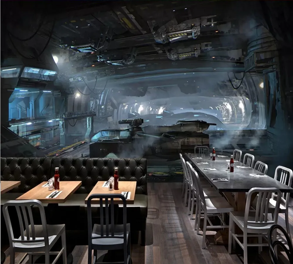 

Free Shipping Custom Wallpaper Mural 3D Personality Space Capsule Spacecraft Restaurant Mural Wall Painting Photo Wallpaper Deco