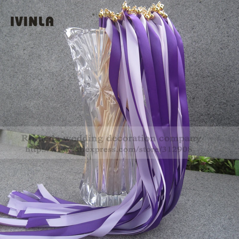 50 шт./лот фиолетовый и светло-фиолетовый ленты палочки с золотыми колокол для Свадебные украшения