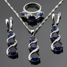 Sistemas de la Joyería de moda Azul Creado Sapphire Para Las Mujeres Compromiso Color Plata Collar Colgante Anillos de Regalo