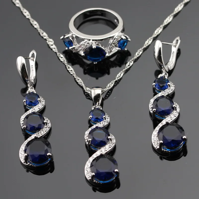 Trendy Blue Cubic Zirconia Jewelry Sets For Women Engagement Silver