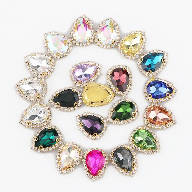 

Waterdrop Gold Base Sew On With Colorful Glass Stone Claw Crystal Buckle Cabochon Base DIY Jewelry Clothes Charm