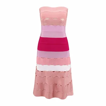 

High Quality Pink Strapless A-line Gradient Striped Rayon Bandage Dress Evening Party Bodycon Dress
