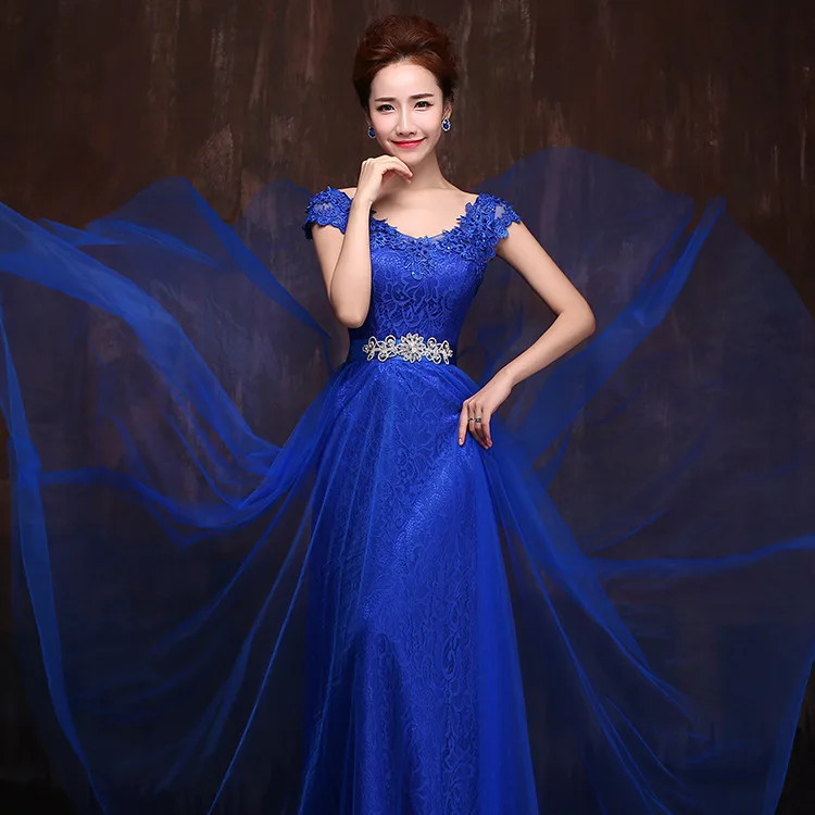 

Royal Blue Appliques Lace Evening Dresses 2019 Long Prom Party Dress Crystal Evning Gown Robe De Soiree Longo Vestidos de Festa