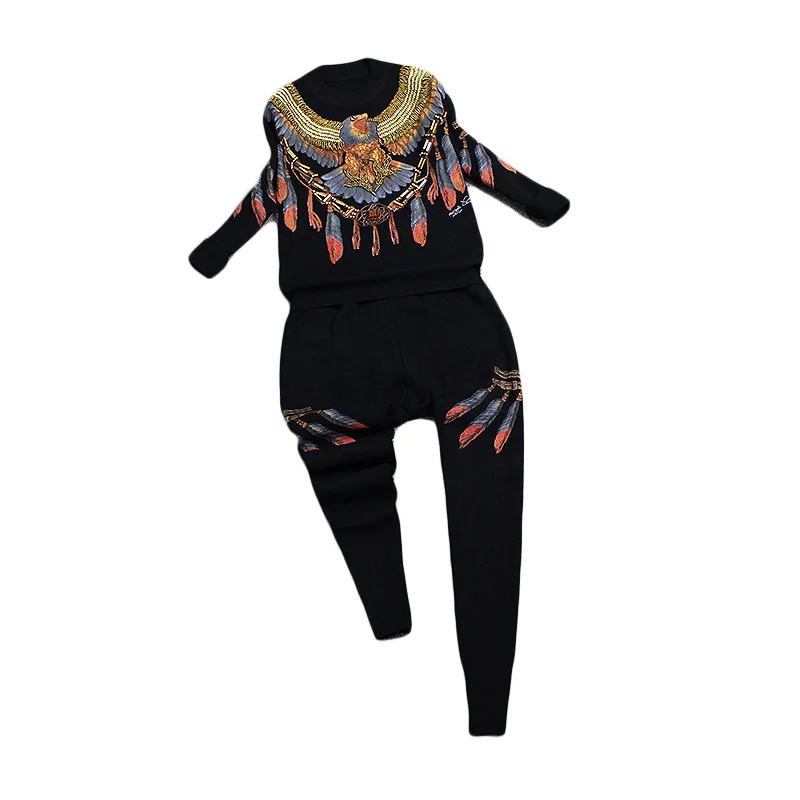 Высокое качество, дизайнерский Женский комплект 2 шт. спортивный костюм с вышивкой, вязаный свитер с длинными рукавами и вышивкой+ брюки от harlan - Цвет: black