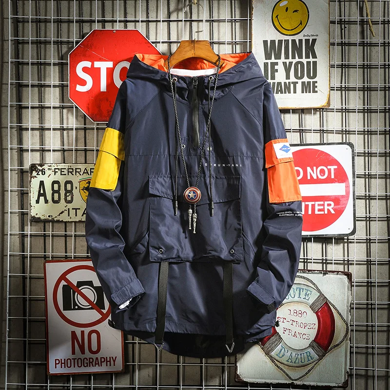 

2019 Japan Harajuku multi-pocket half zip windbreaker jacket spring fashion casual hip hop street big pocket windproof jacket