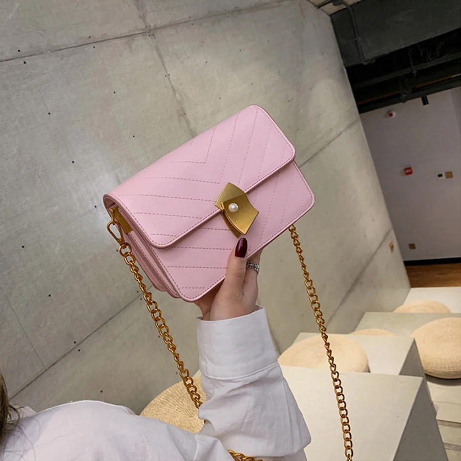 

Fashion Chain Lock Women's Shoulder Bags Casual Pu Pearl Sewing Thread Crossbody Bag Women Solid Color Flip Cover Messenger Bags