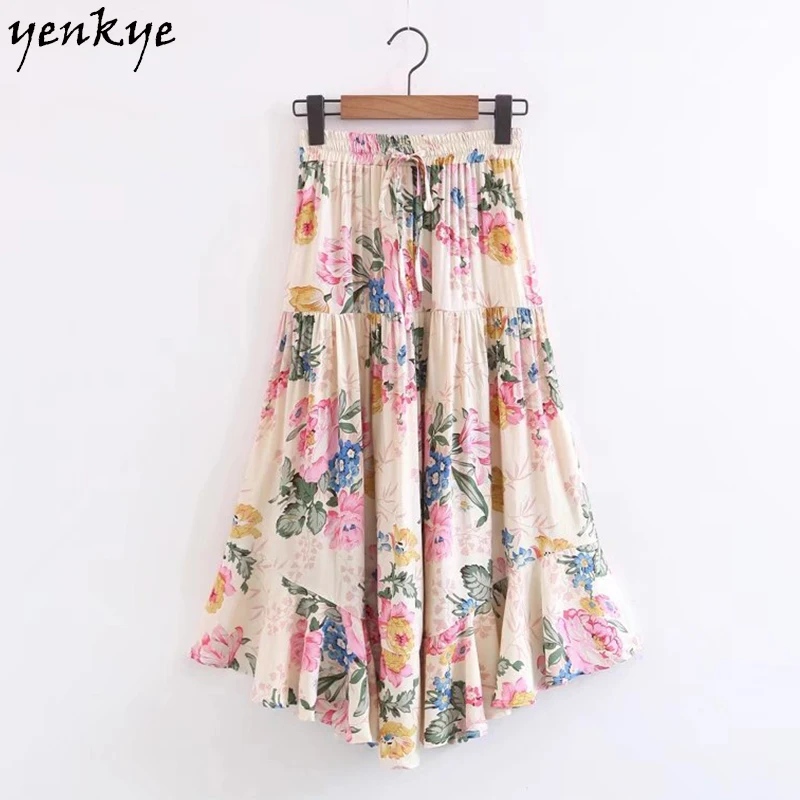 

faldas largas Floral Printed Summer Boho Long Skirt 2017 Women Drawstring Elastic High Waist Skirt jupe longue SDP8278