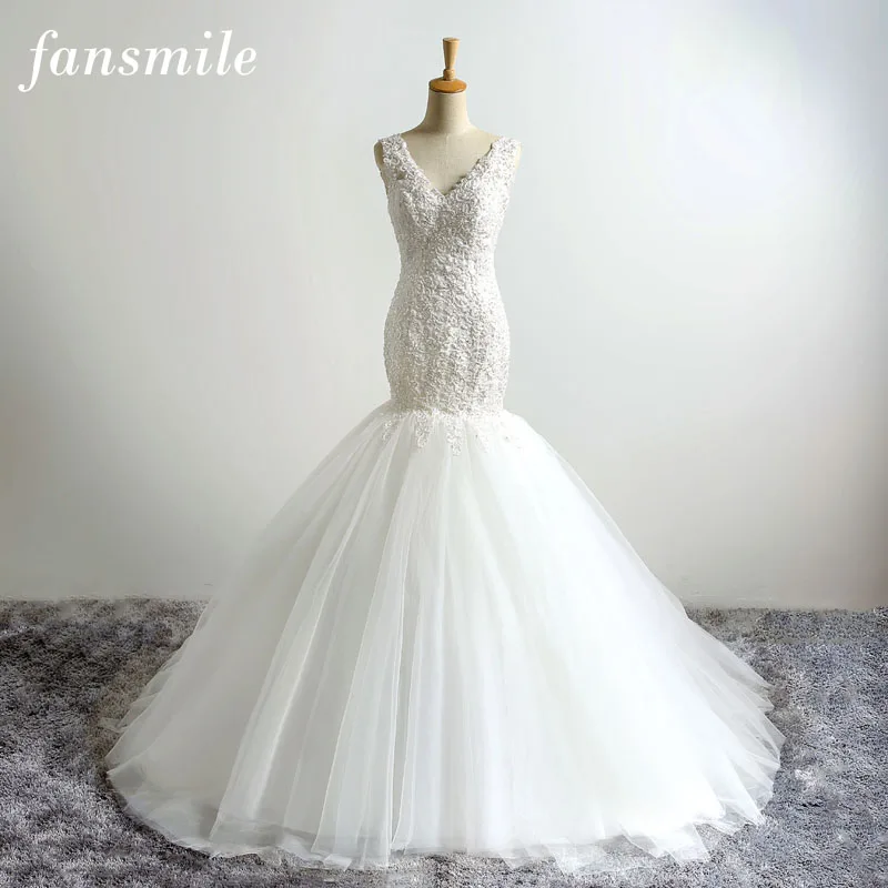 

Fansmile Lace Mermaid Wedding Dress 2019 Plus Size Vestidos de Novia Customized Wedding Gowns Real Photo FSM-183M