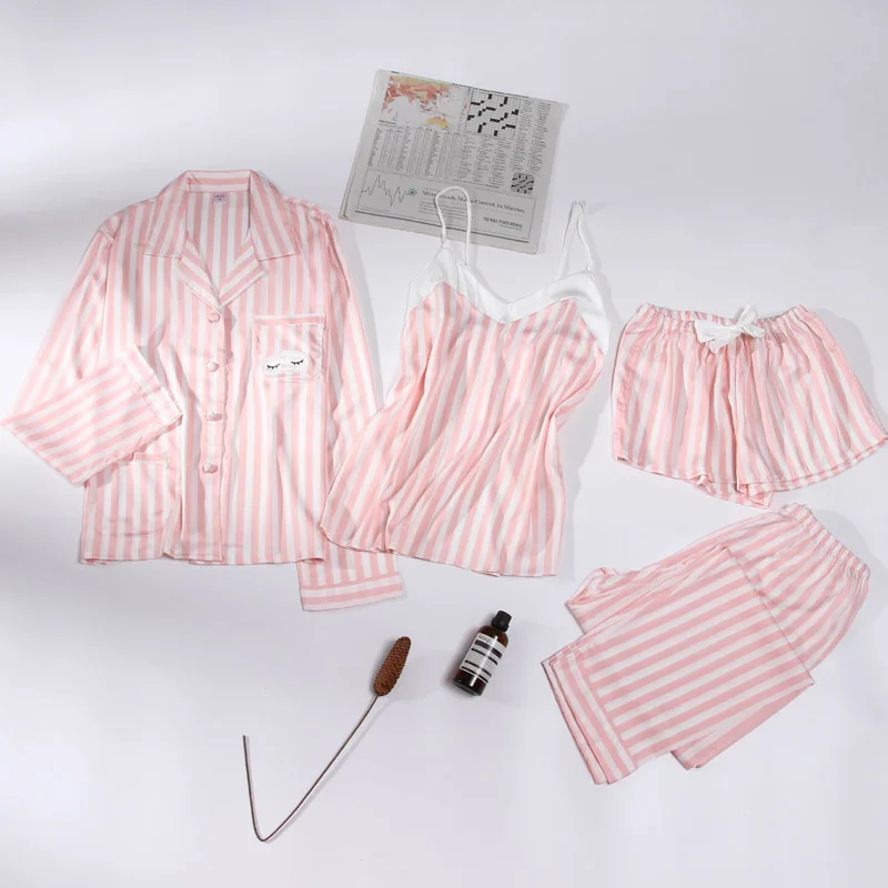 

Sleepwear Female Sleepwear Summer Silk Printed Long Sleeve Housewear Suit Four Suits Spring and Autumn Ice Silk Hanging Bandwidt