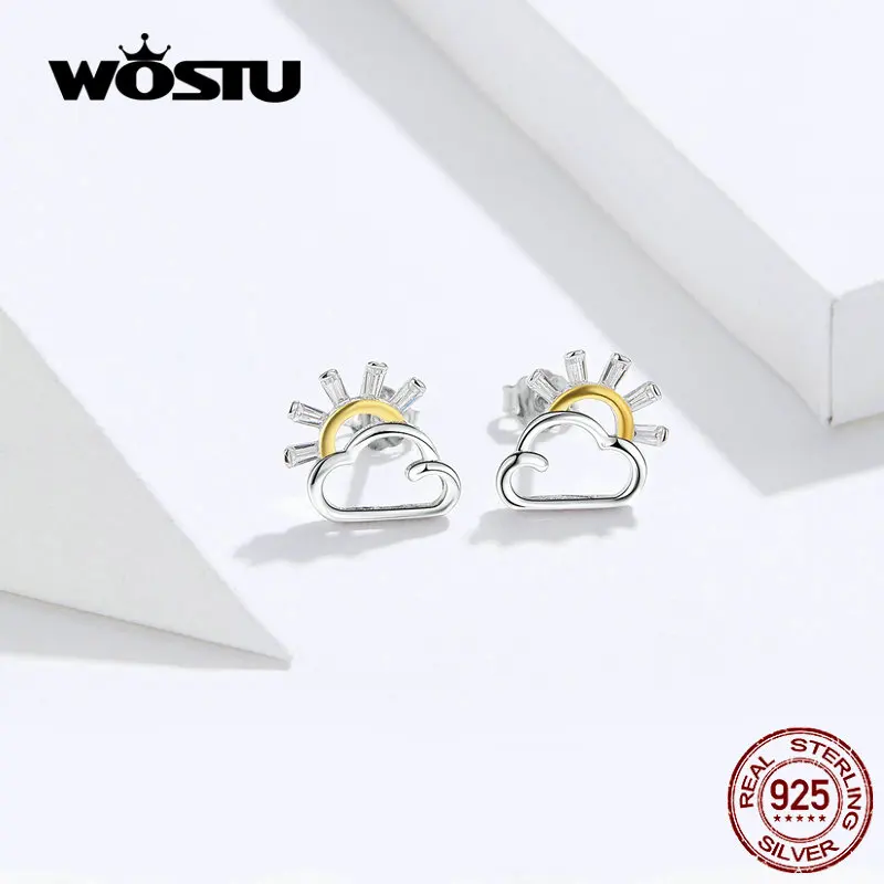 

WOSTU Good Weather Cloud & Sun Stud Earrings 100% 925 Sterling Silver CZ Small Earrings For Women Silver 925 Jewelry FNE190